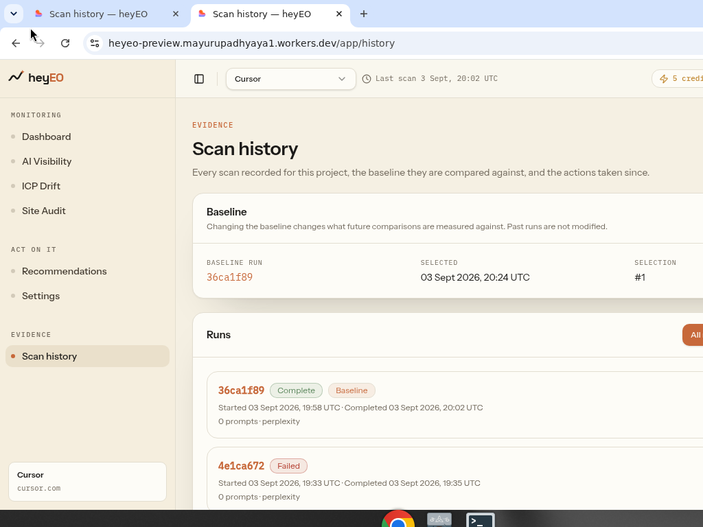 Scan history with readable run names and baseline selection