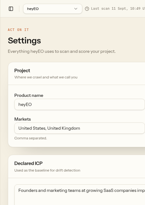 Settings with providers, scan frequency paid preview, and automation controls