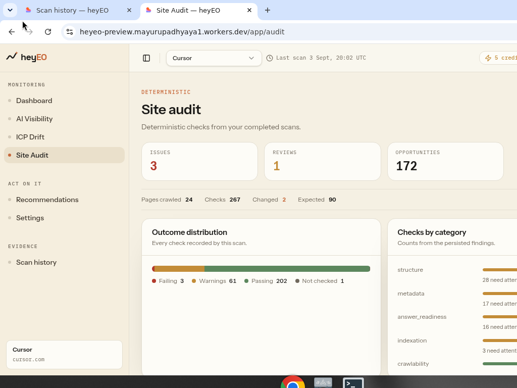 Site Audit page with issues, reviews, opportunities, and outcome distribution