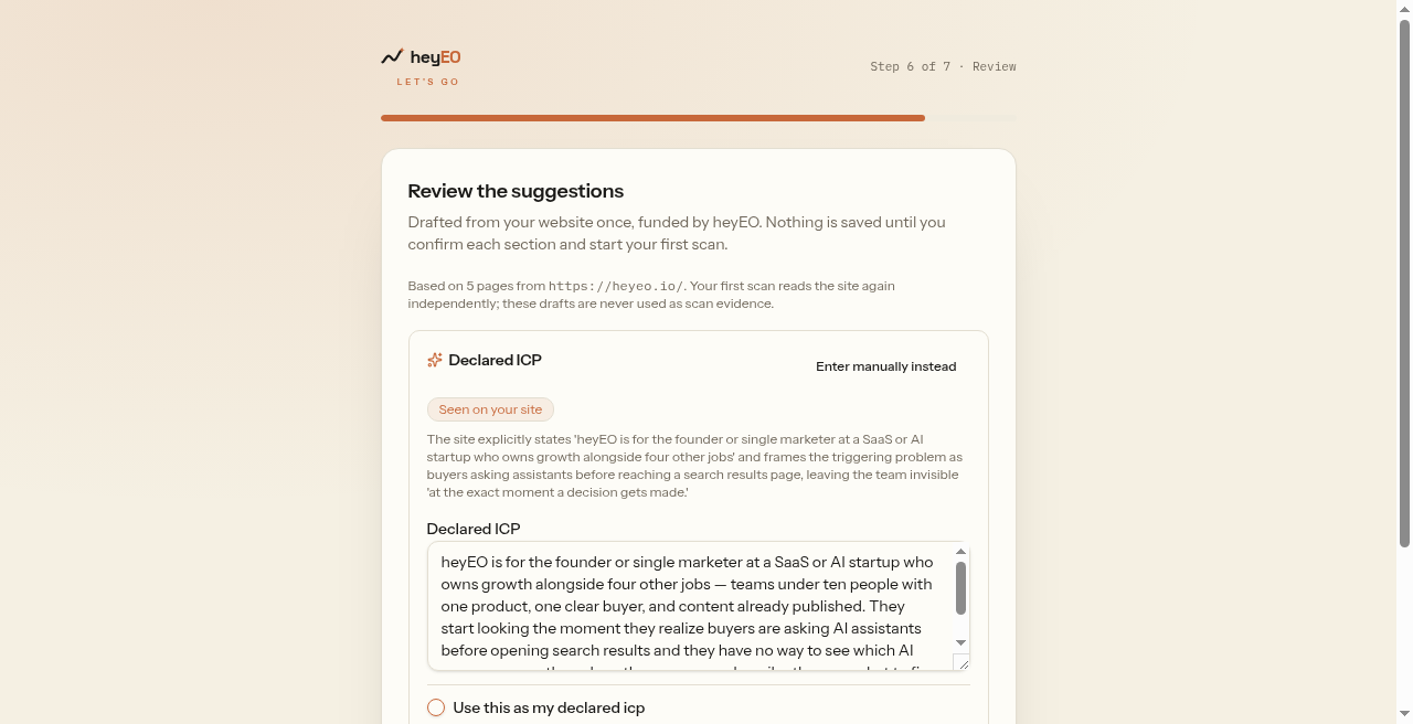 Onboarding review step showing AI-drafted project details ready to edit